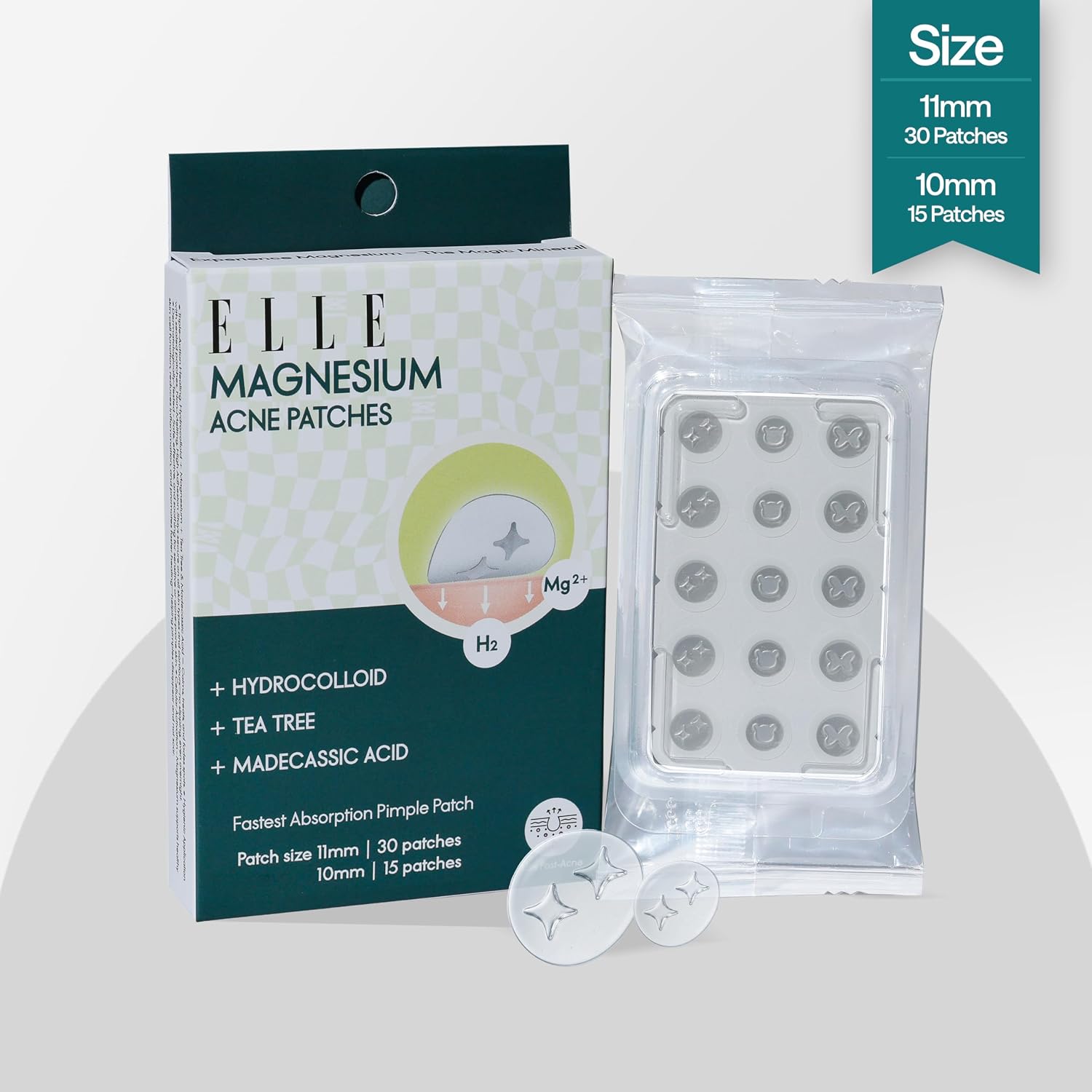ELLE Magnesium Soft Acne Patch | Spot Treatment | Magnesium - The Magic Mineral |Hydrocolloid |Madecassic Acid | Tee Tree Oil Pimple Patches | Post-Breakout Acne Care | 11mm & 10mm Sizes | 45 Patches